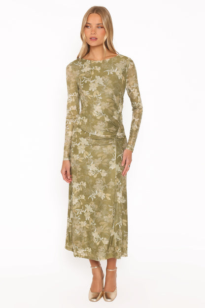 Chelsea Ruched Mesh Maxi Dress - Green Floral