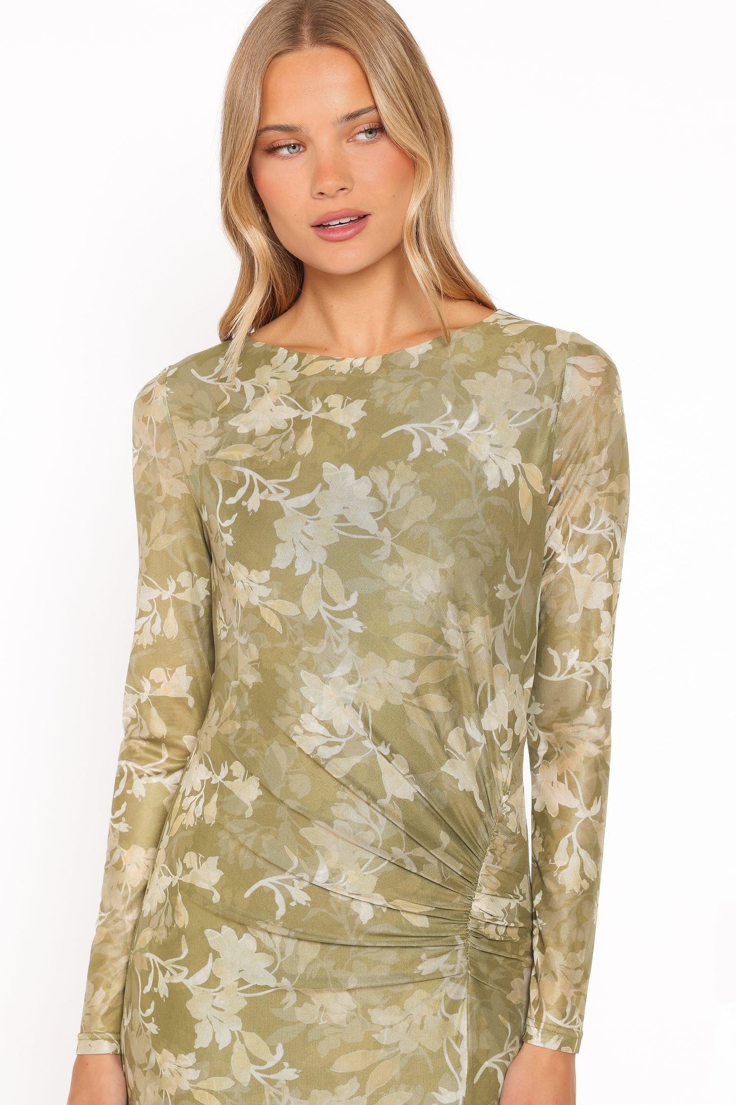 Chelsea Ruched Mesh Maxi Dress - Green Floral