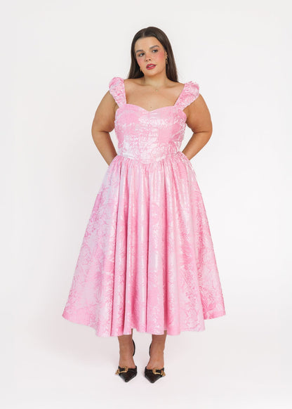 Carolyn A-Line Basque Waist Midi Dress - Pink