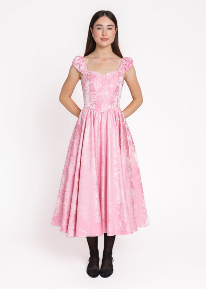 Carolyn A-Line Basque Waist Midi Dress - Pink