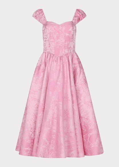 Carolyn A-Line Basque Waist Midi Dress - Pink