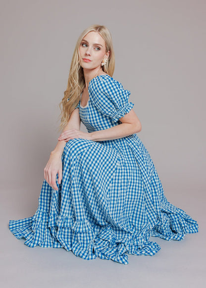Blue Gingham Puff Sleeve Dress