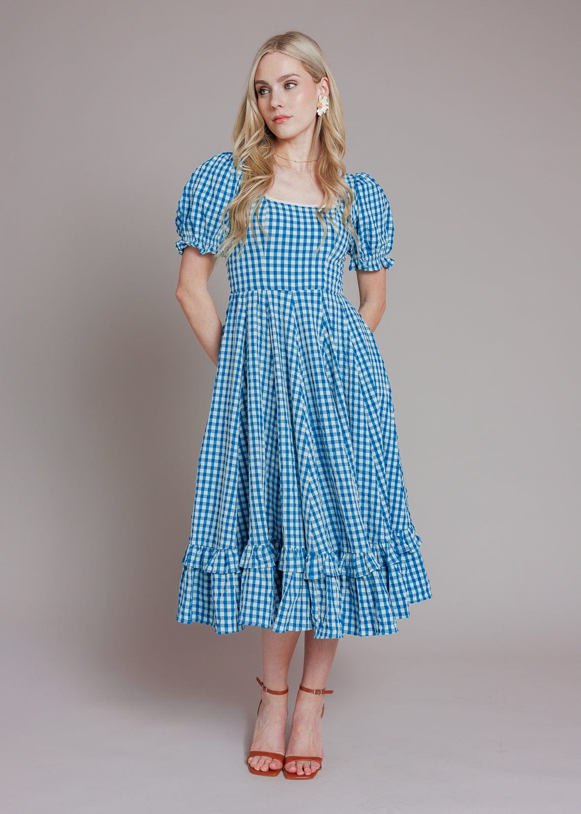 Blue Gingham Puff Sleeve Dress