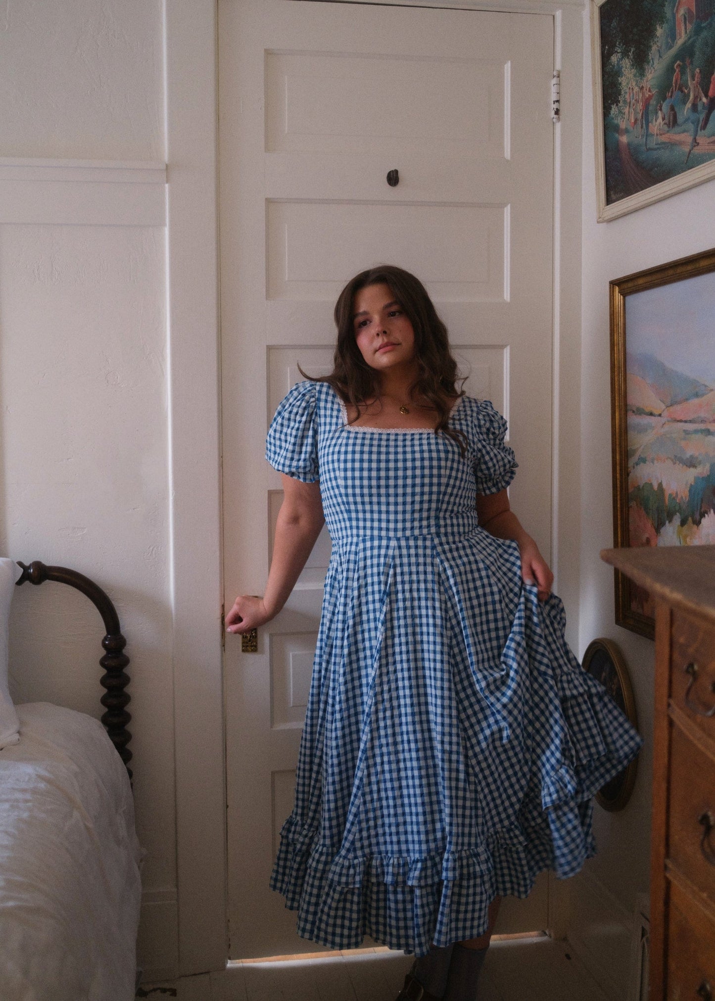 Blue Gingham Puff Sleeve Dress