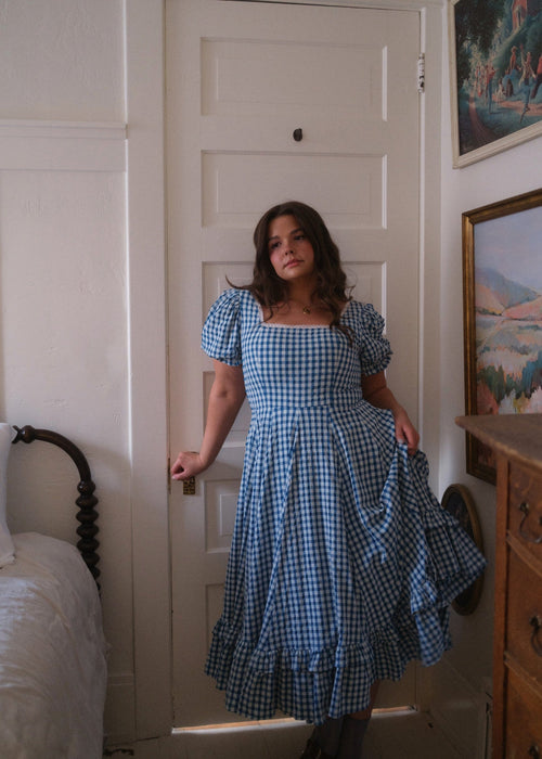 Blue Gingham Puff Sleeve Dress
