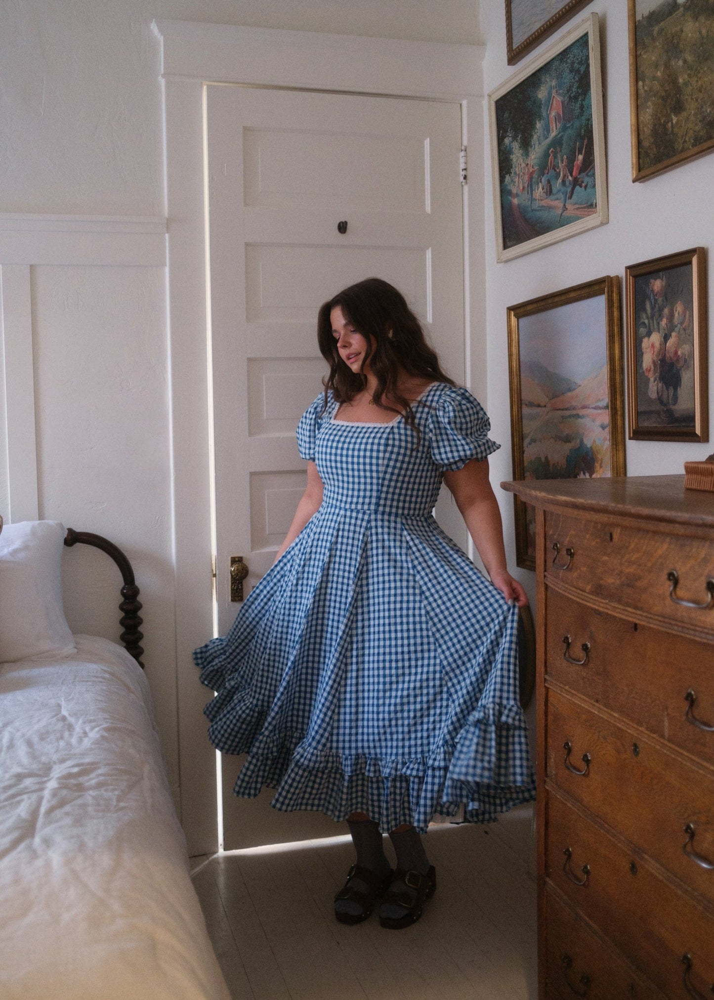 Blue Gingham Puff Sleeve Dress