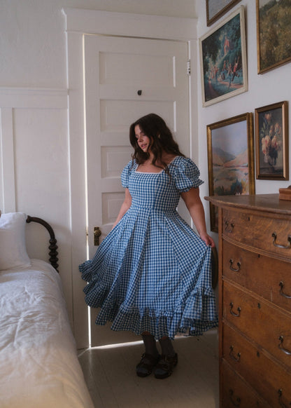 Blue Gingham Puff Sleeve Dress
