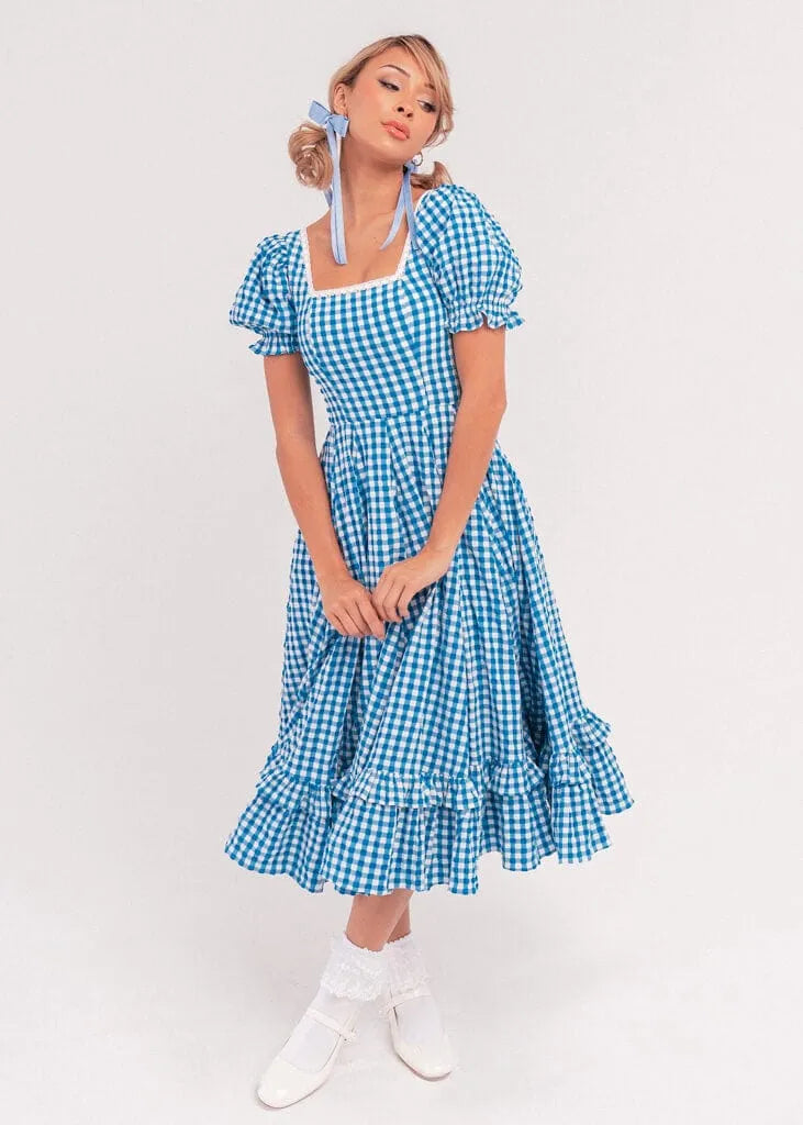 Blue Gingham Puff Sleeve Dress