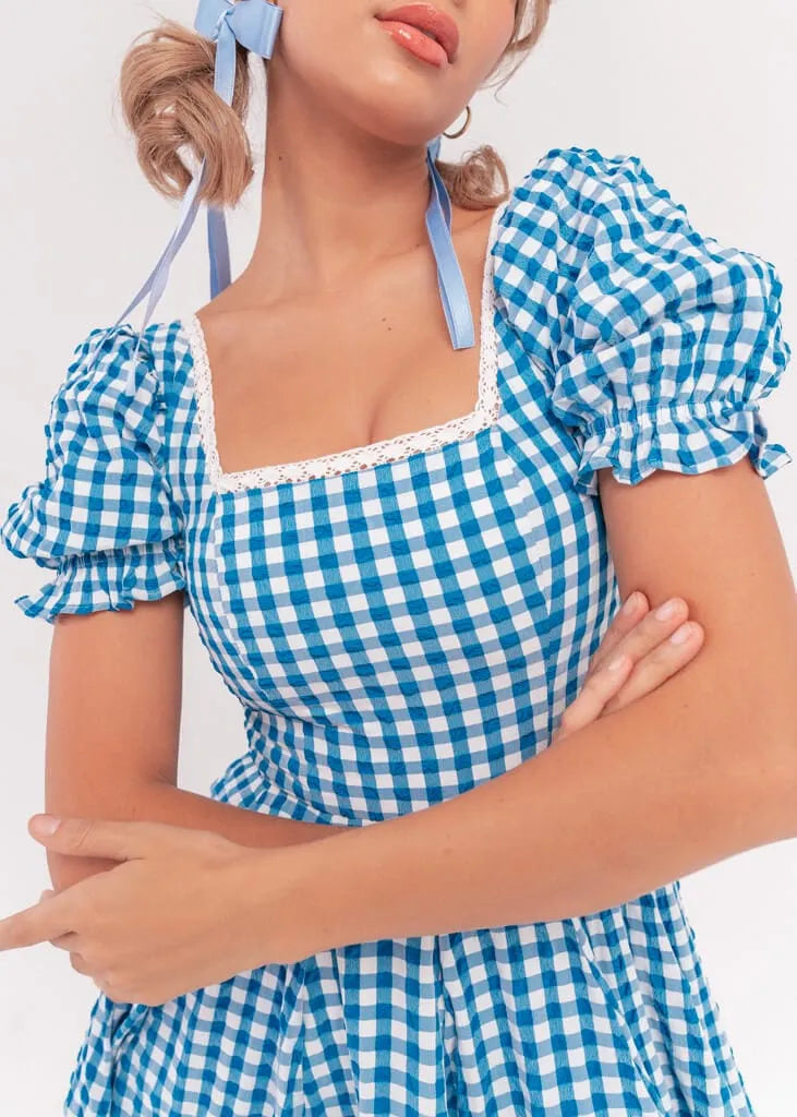 Blue Gingham Puff Sleeve Dress