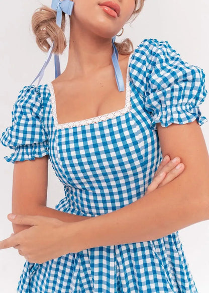 Blue Gingham Puff Sleeve Dress