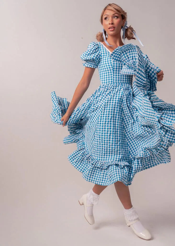 Blue Gingham Puff Sleeve Dress