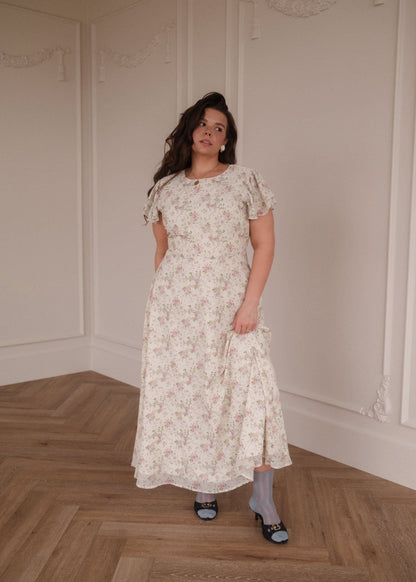 Elodie A-line Floral Midi Dress - Cream