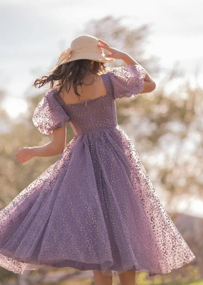 Everbloom Puff Sleeve Midi Dress in Purple