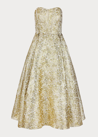 Gloria Strapless Corset Jacquard Midi Dress - Gold