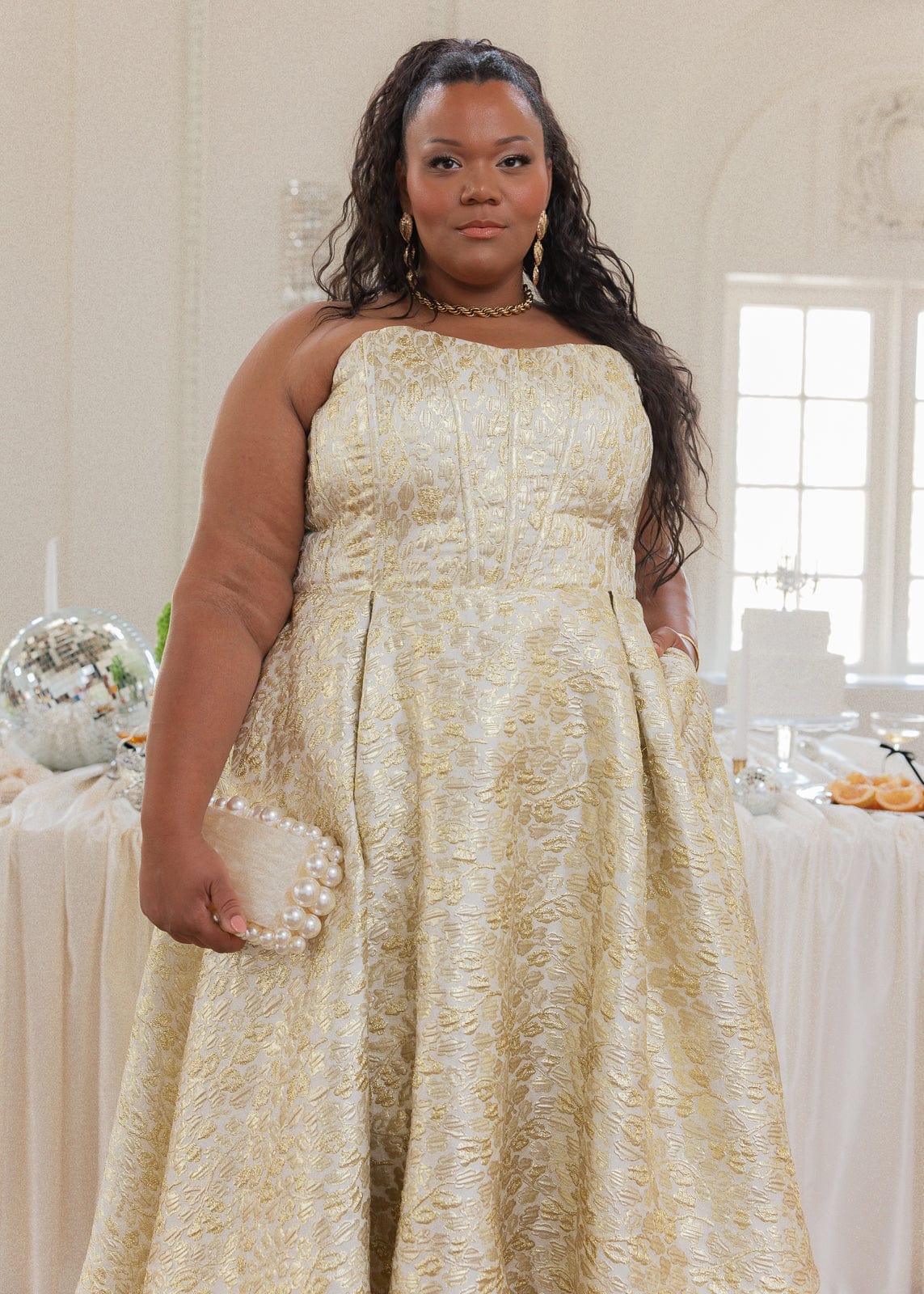 Gloria Strapless Corset Jacquard Midi Dress - Gold