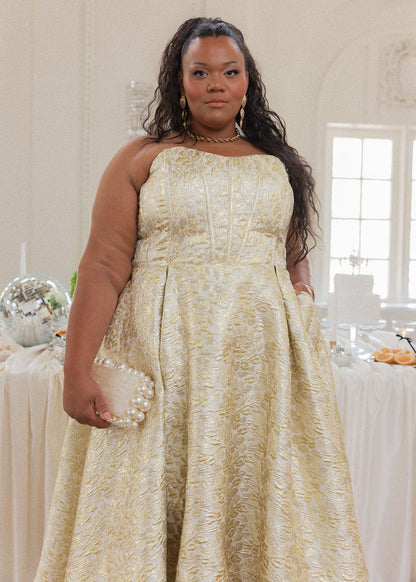 Gloria Strapless Corset Jacquard Midi Dress - Gold