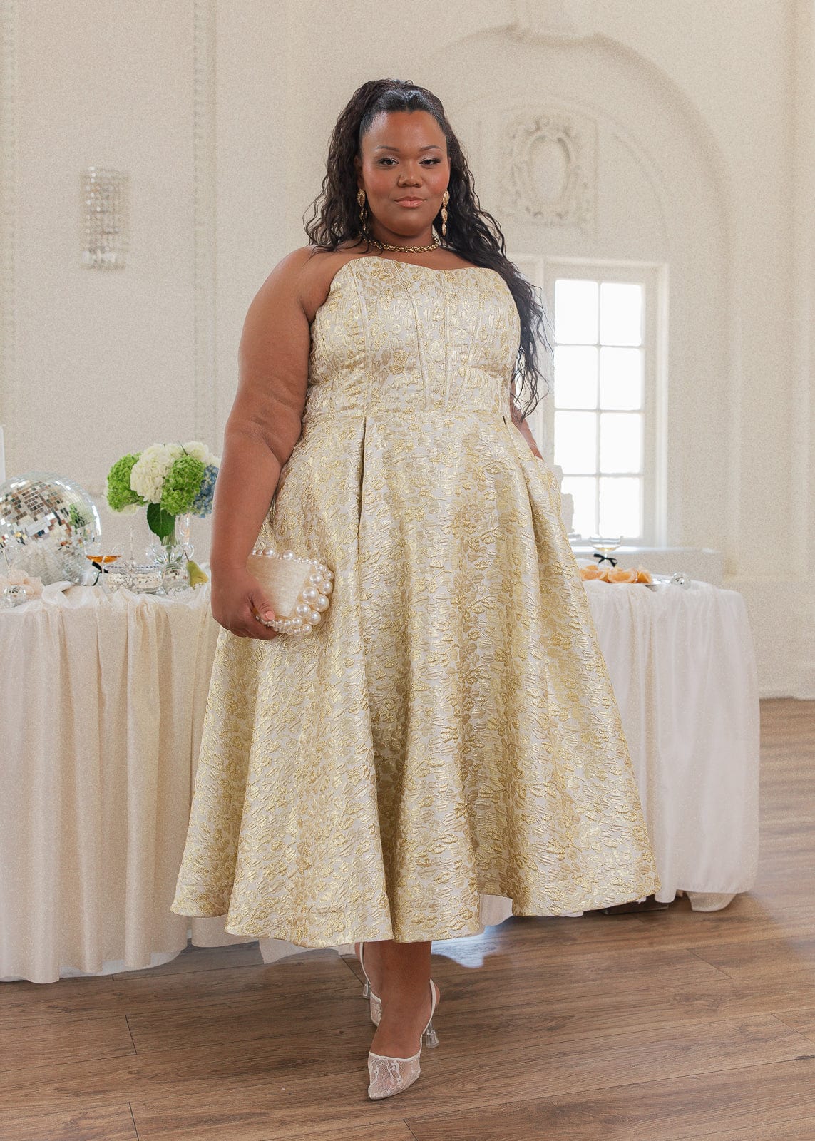 Gloria Strapless Corset Jacquard Midi Dress - Gold