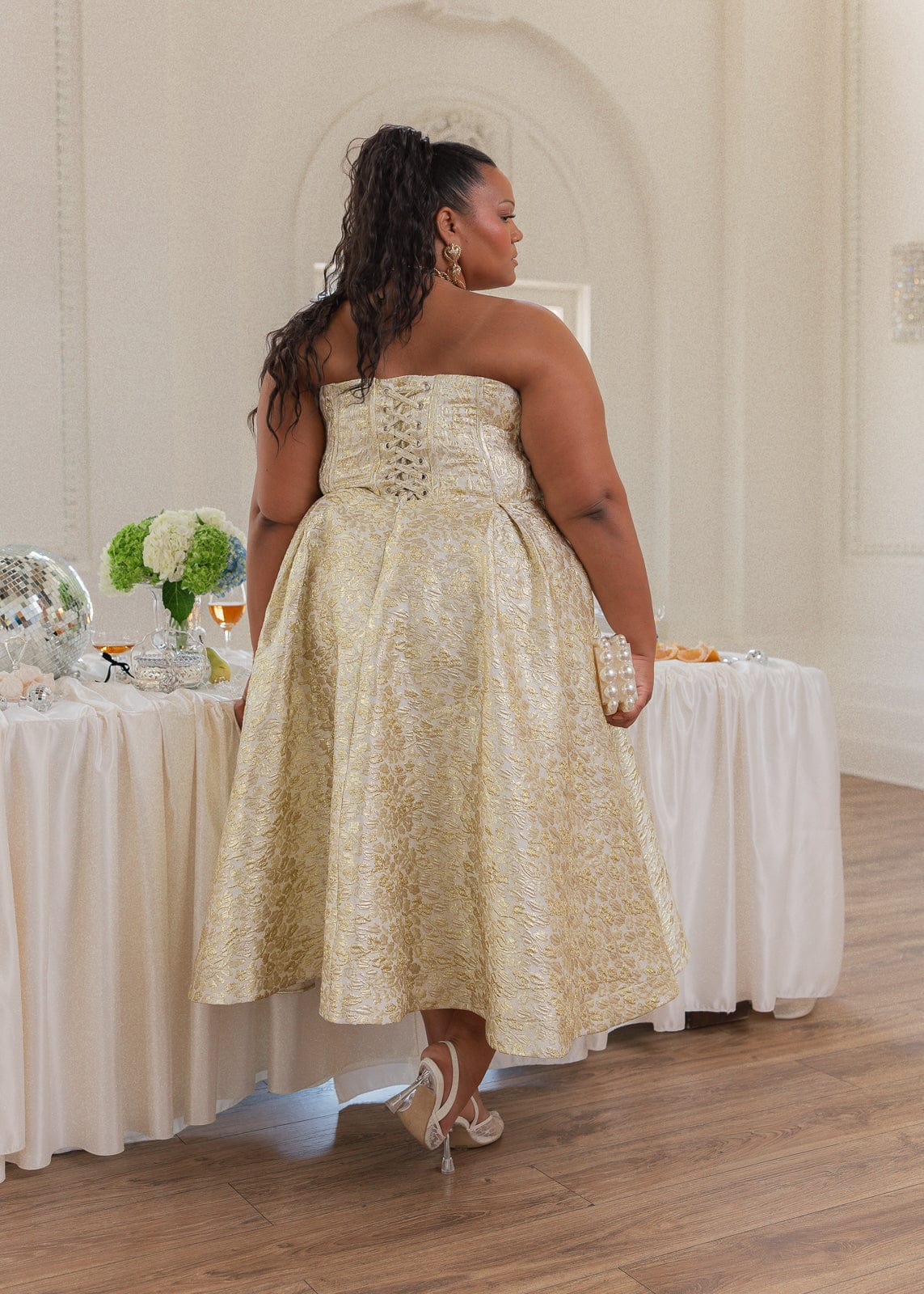 Gloria Strapless Corset Jacquard Midi Dress - Gold
