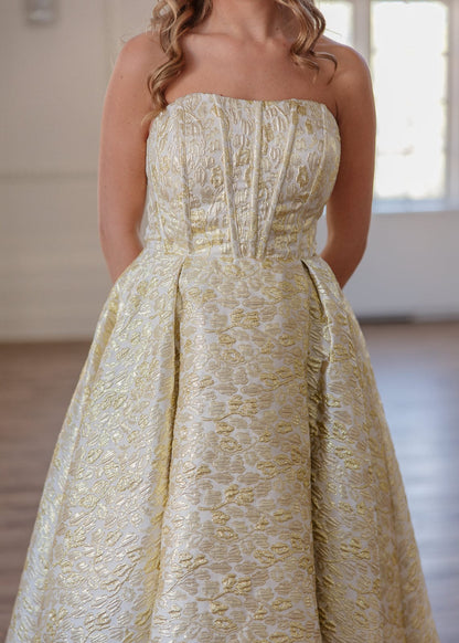 Gloria Strapless Corset Jacquard Midi Dress - Gold