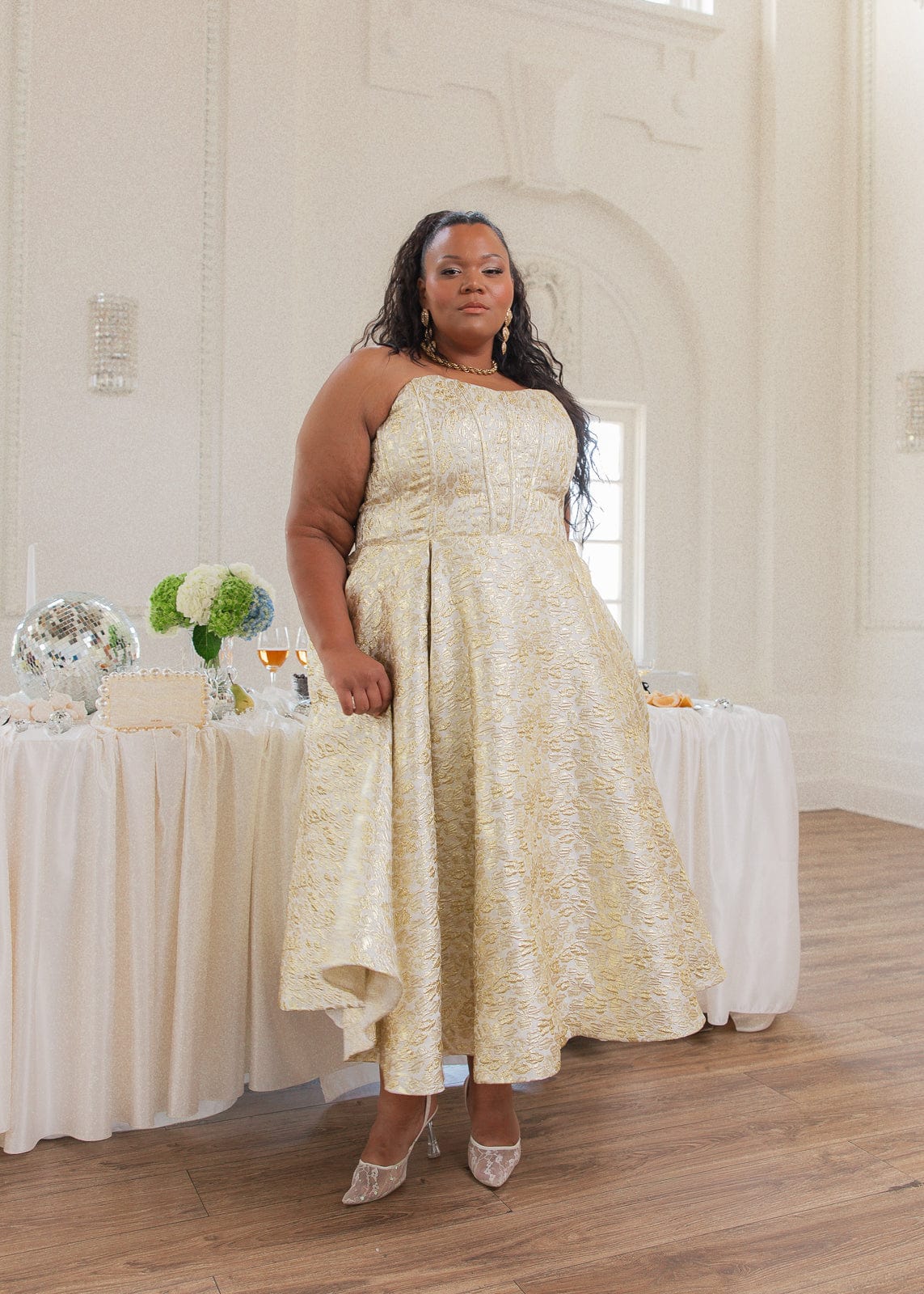 Gloria Strapless Corset Jacquard Midi Dress - Gold