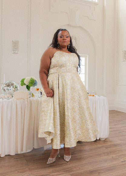 Gloria Strapless Corset Jacquard Midi Dress - Gold
