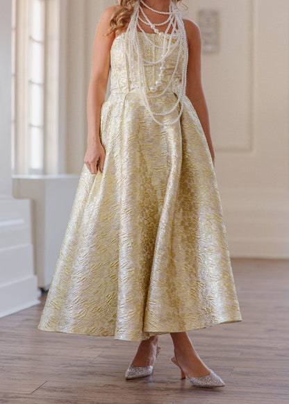 Gloria Strapless Corset Jacquard Midi Dress - Gold