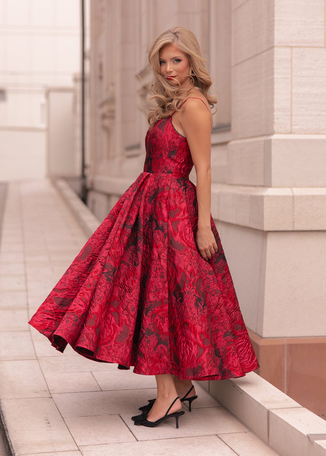 Kelly A-line Jacquard Midi Dress - Red