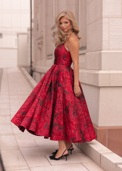 Kelly A-line Jacquard Midi Dress - Red