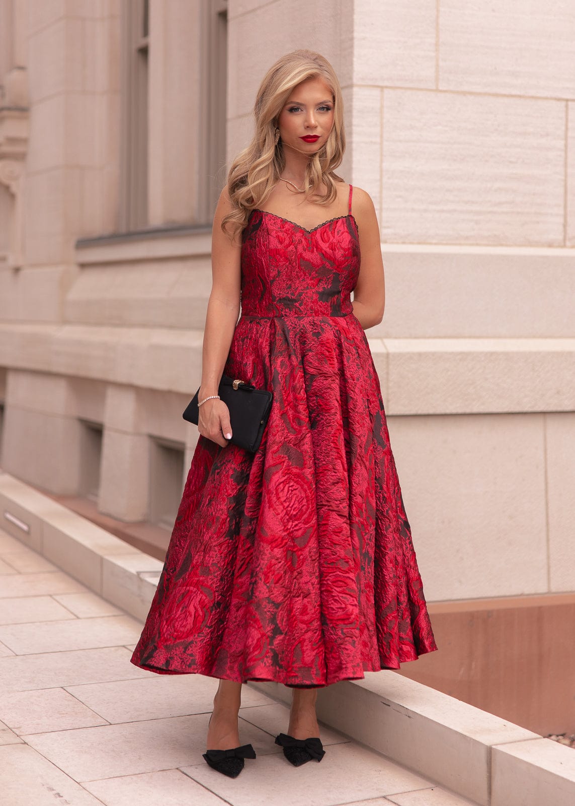 Kelly A-line Jacquard Midi Dress - Red