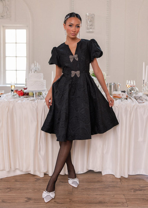 Lennon Jacquard Knee Length Dress - Black