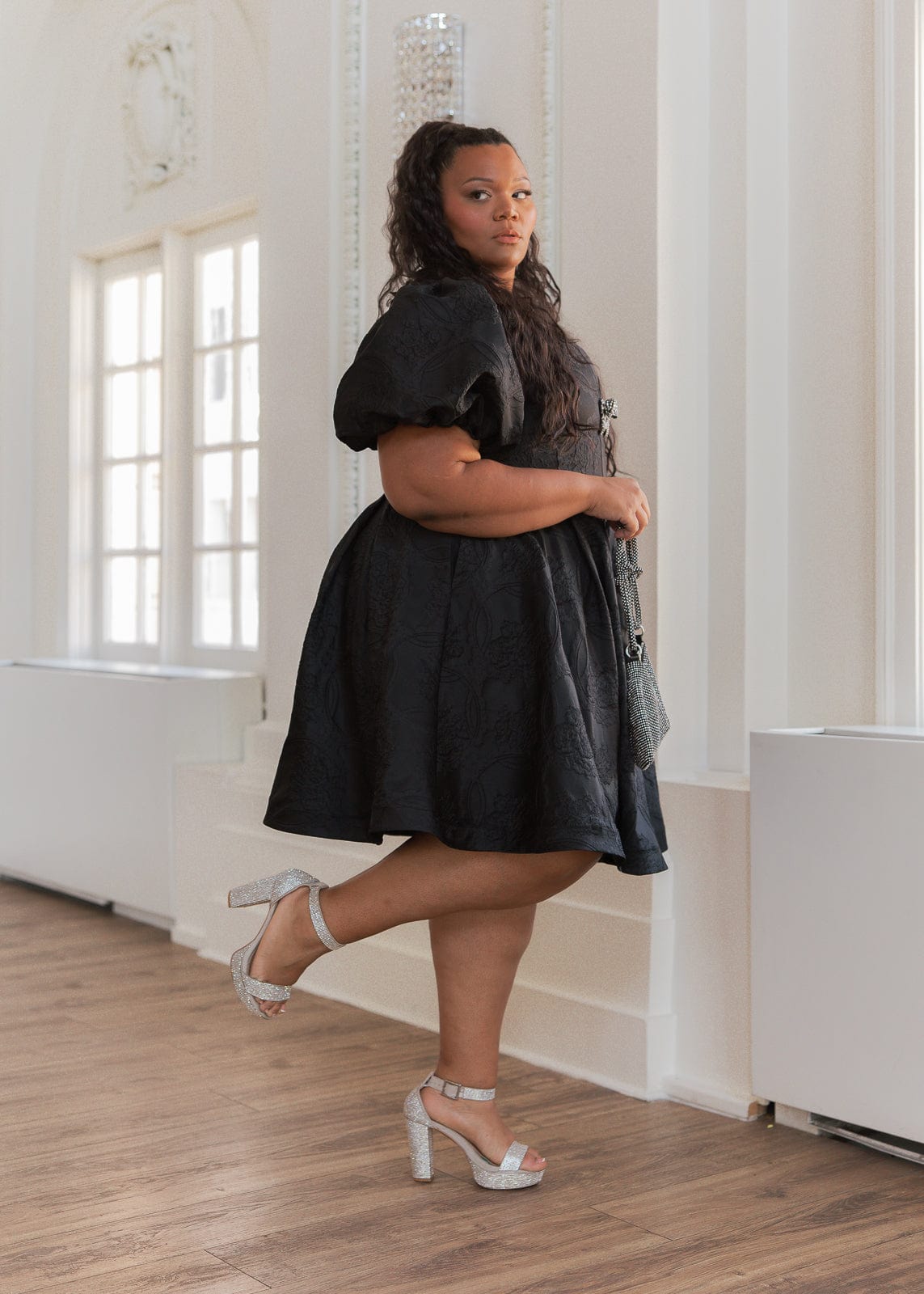 Lennon Jacquard Knee Length Dress - Black