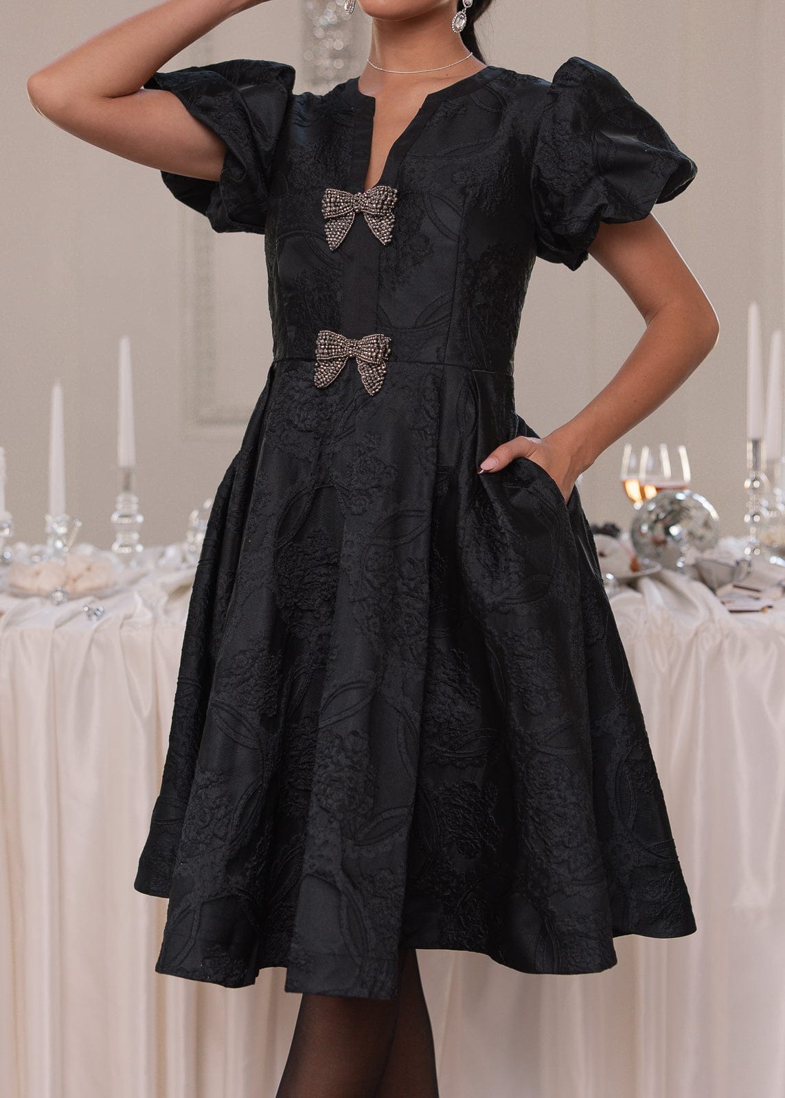 Lennon Jacquard Knee Length Dress - Black