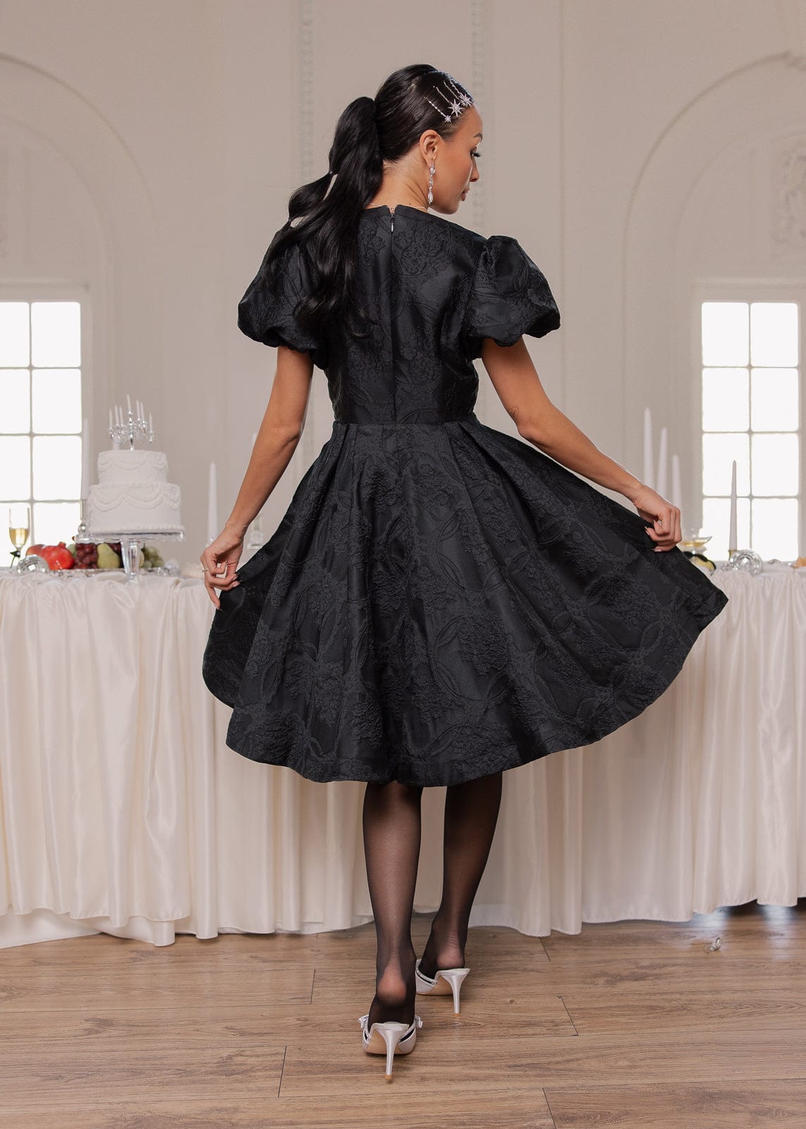 Lennon Jacquard Knee Length Dress - Black