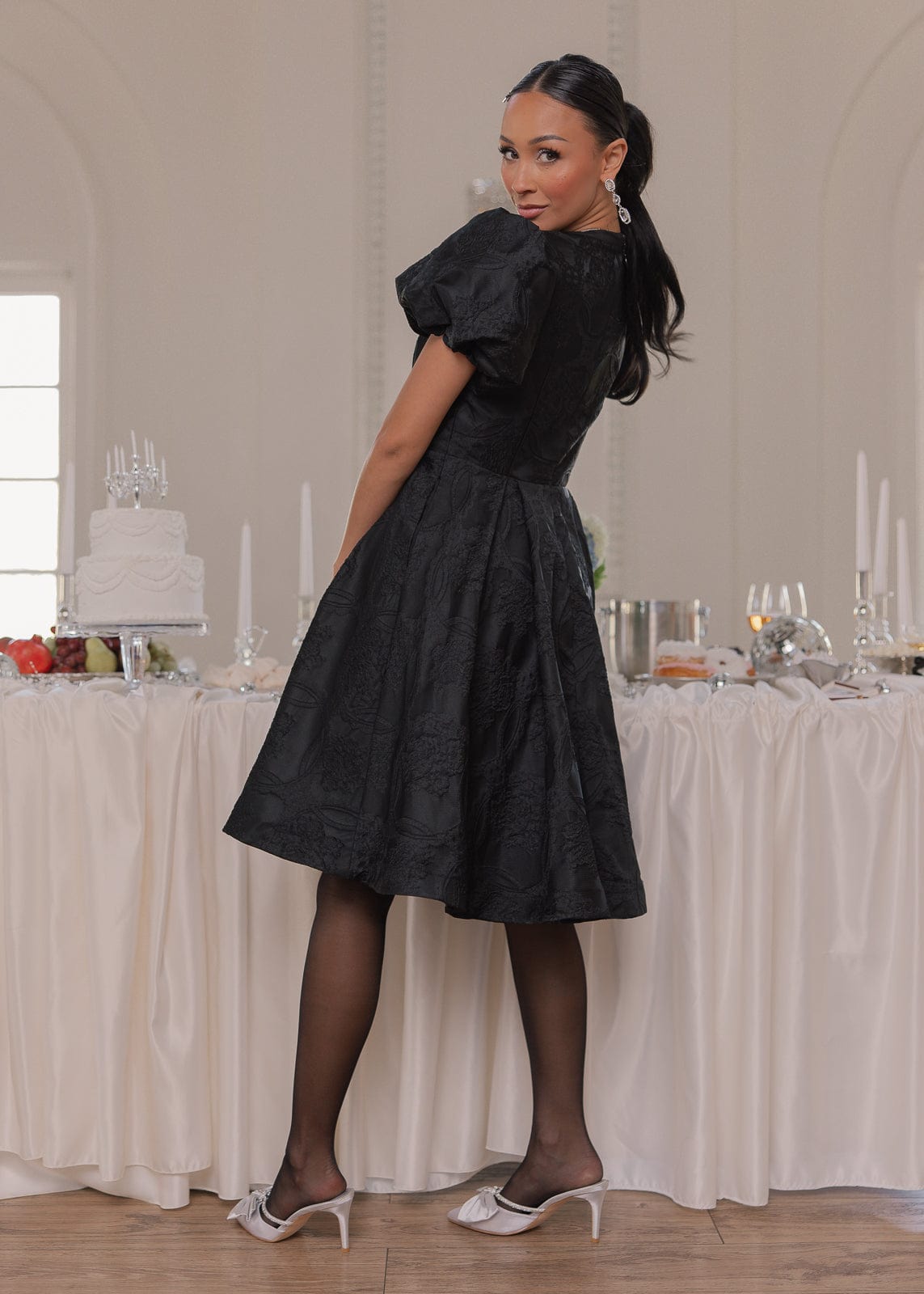 Lennon Jacquard Knee Length Dress - Black