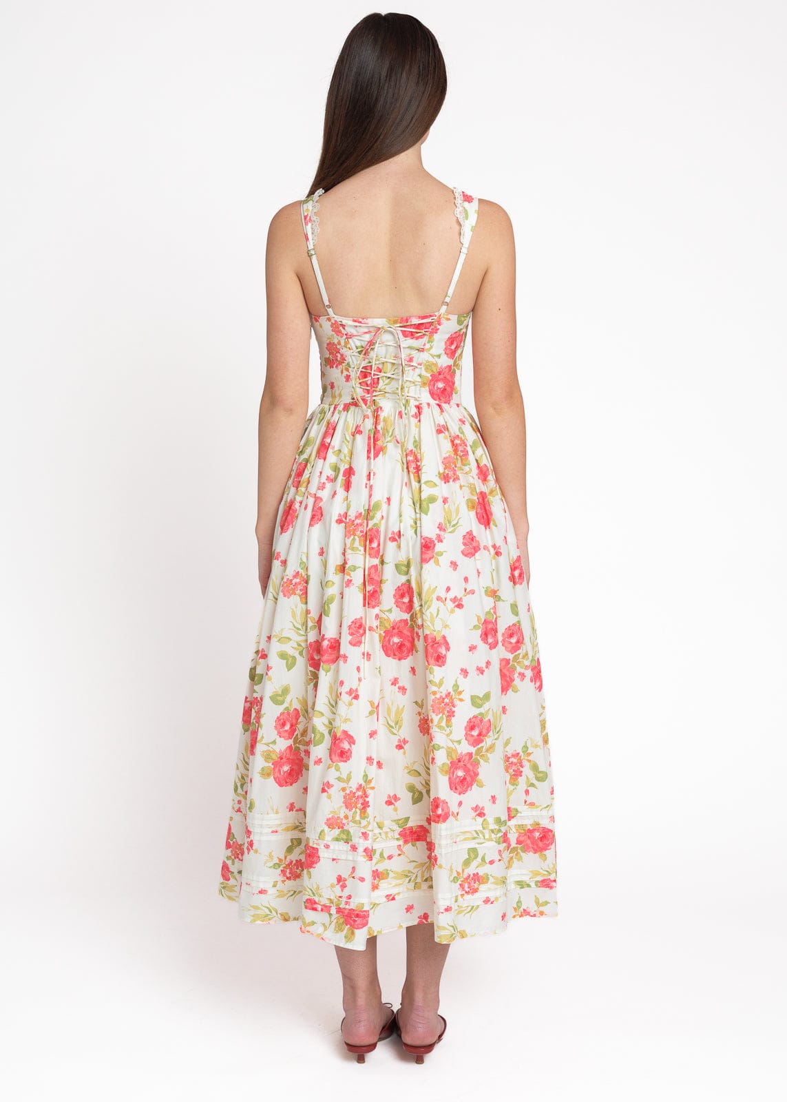 Lottie Basque Waist Floral Midi Dress - White