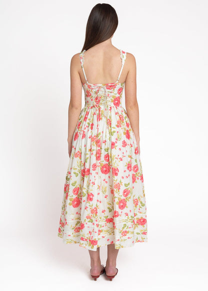 Lottie Basque Waist Floral Midi Dress - White
