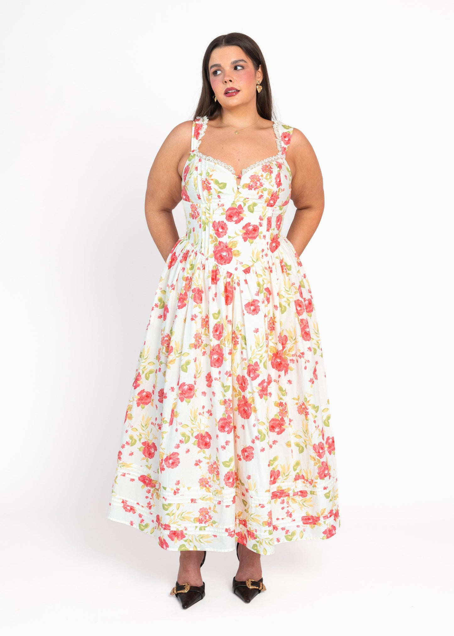 Lottie Basque Waist Floral Midi Dress - White