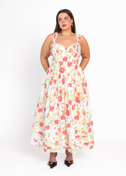 Lottie Basque Waist Floral Midi Dress - White