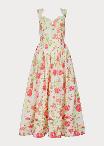 Lottie Basque Waist Floral Midi Dress - White
