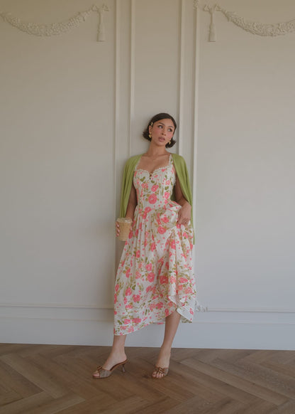 Lottie Basque Waist Floral Midi Dress - White