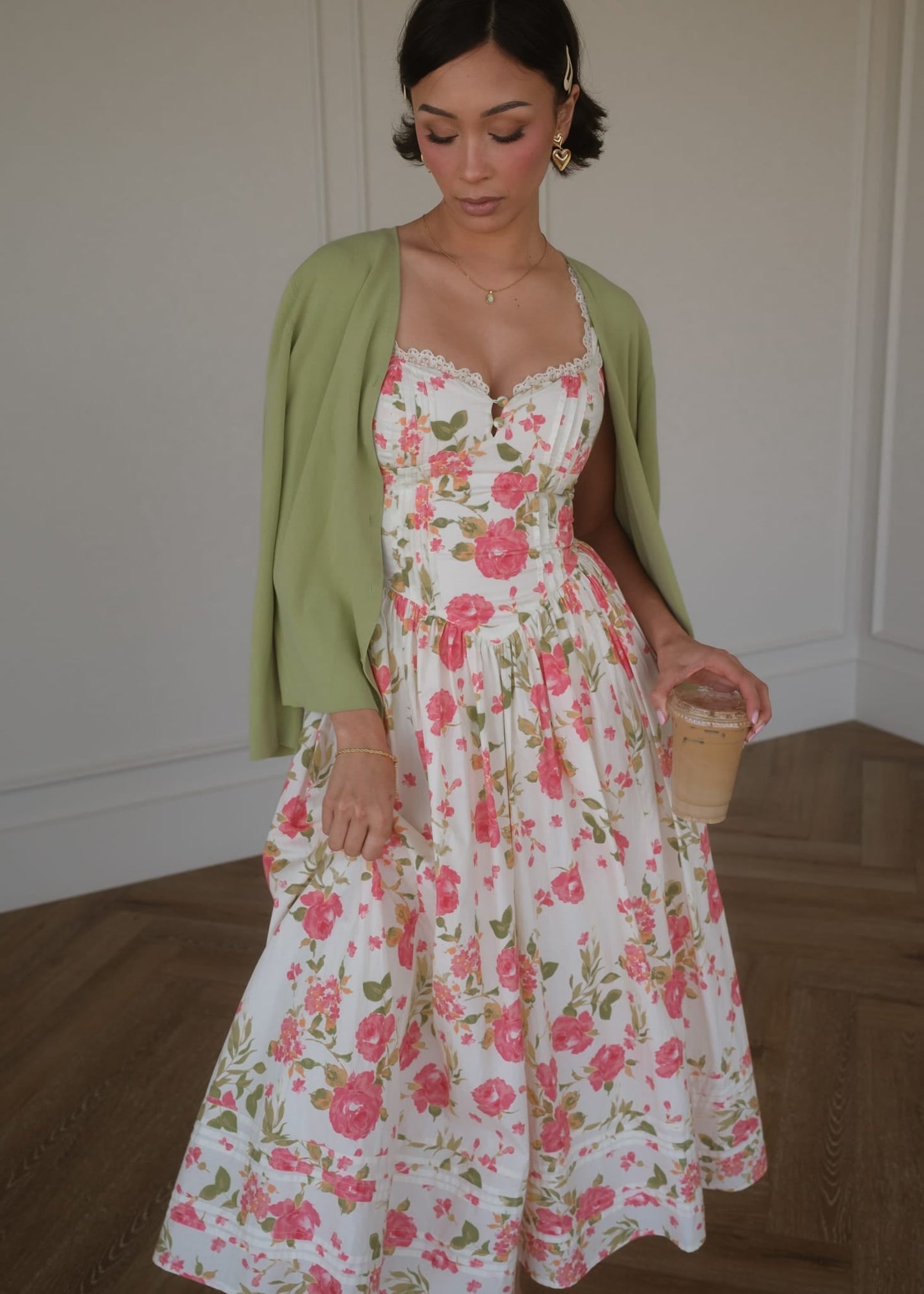 Lottie Basque Waist Floral Midi Dress - White