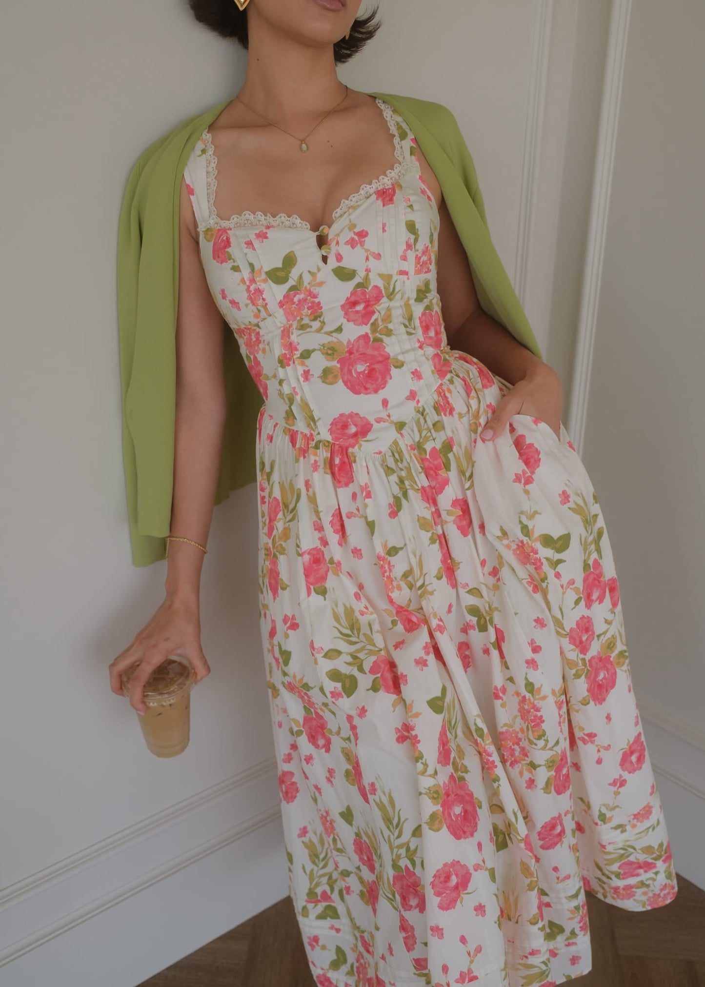 Lottie Basque Waist Floral Midi Dress - White