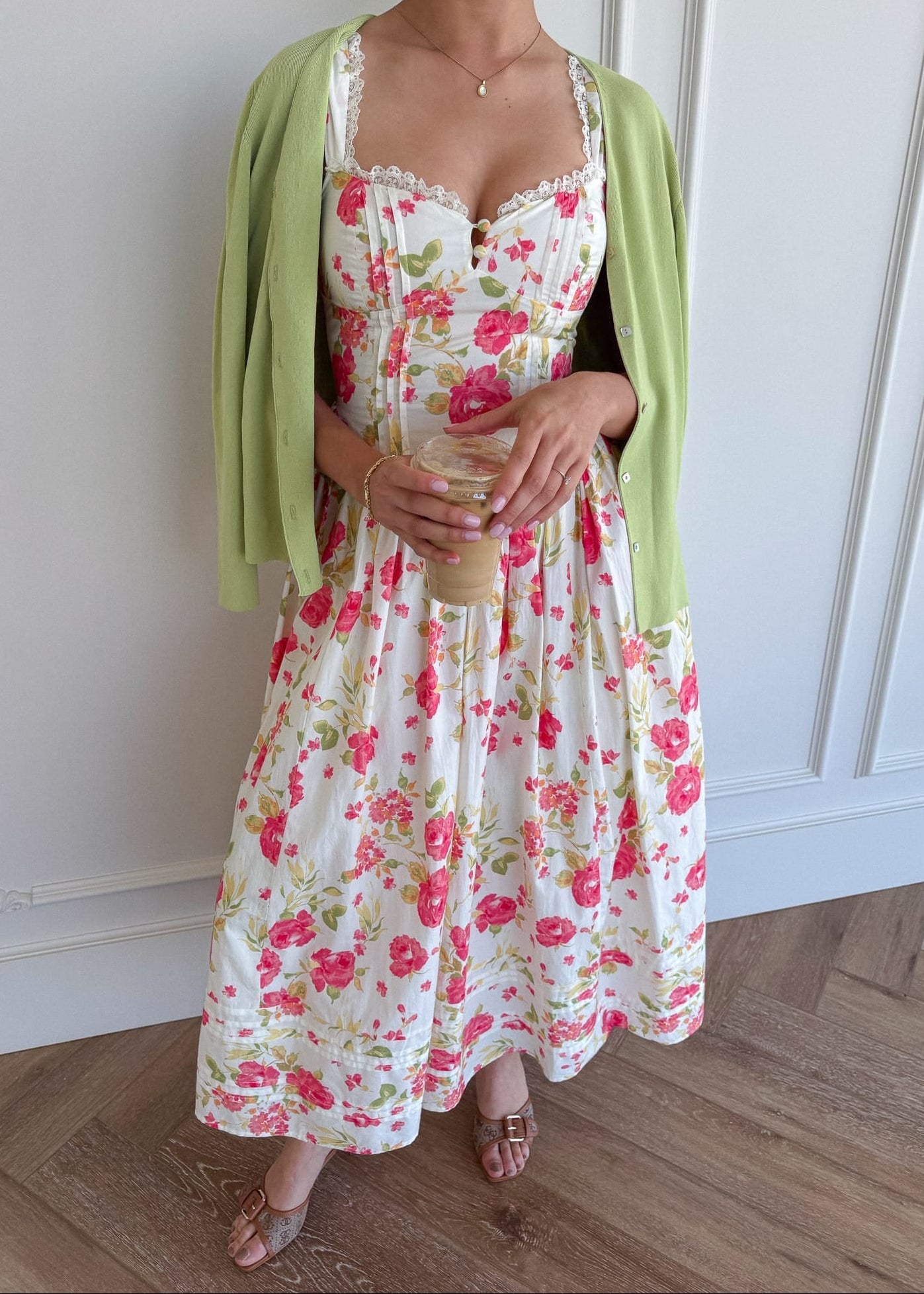 Lottie Basque Waist Floral Midi Dress - White