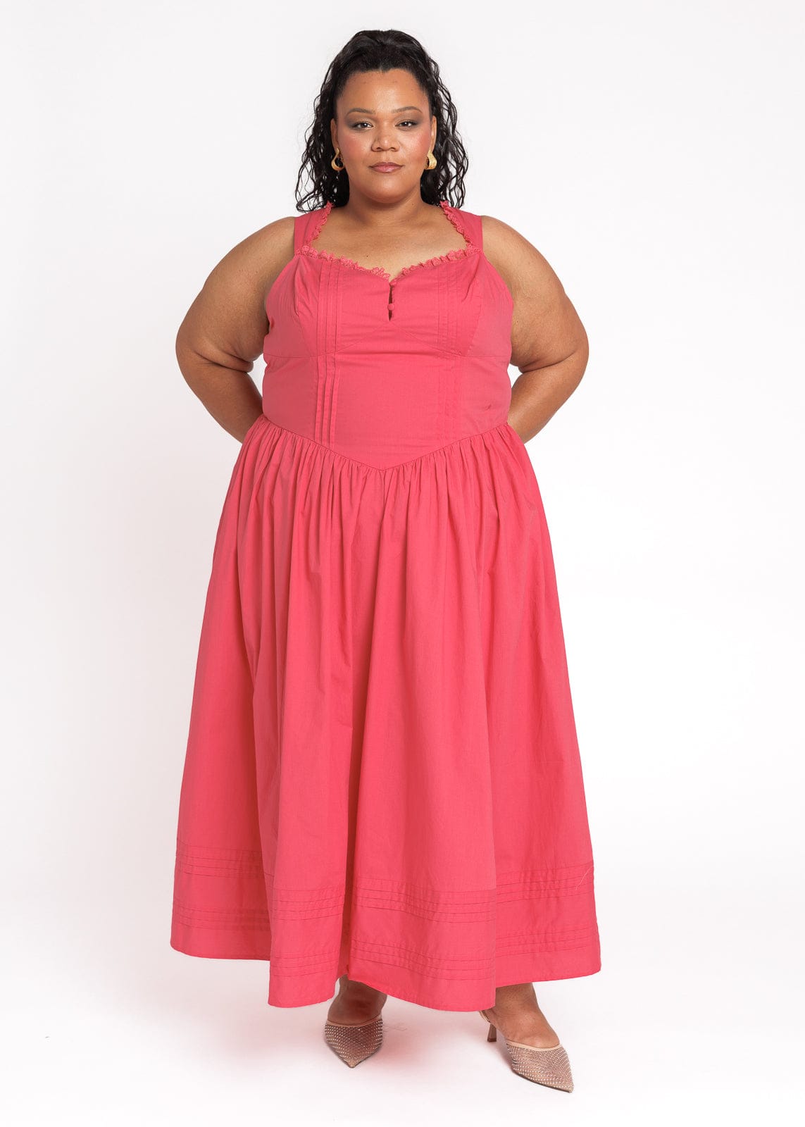 Lottie Basque Waist Midi Dress - Coral
