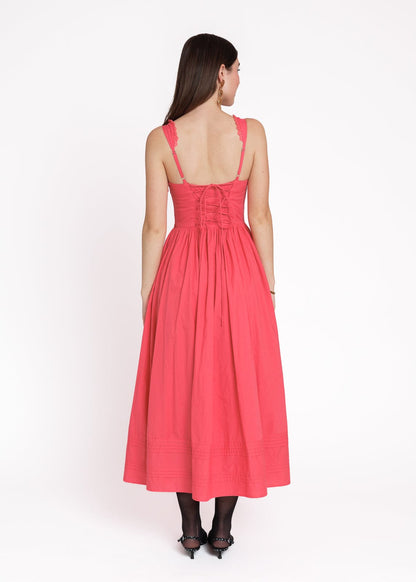 Lottie Basque Waist Midi Dress - Coral