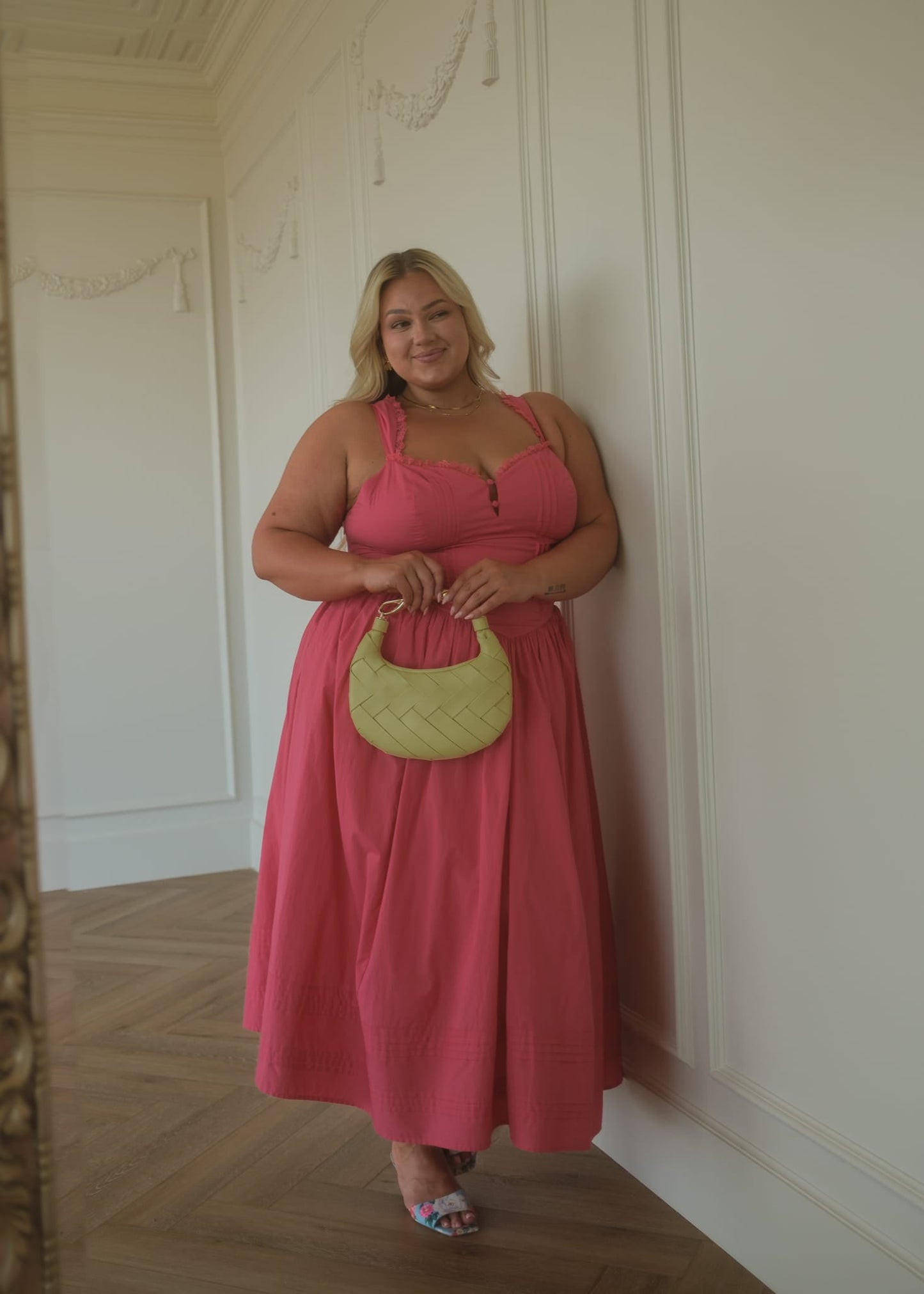 Lottie Basque Waist Midi Dress - Coral