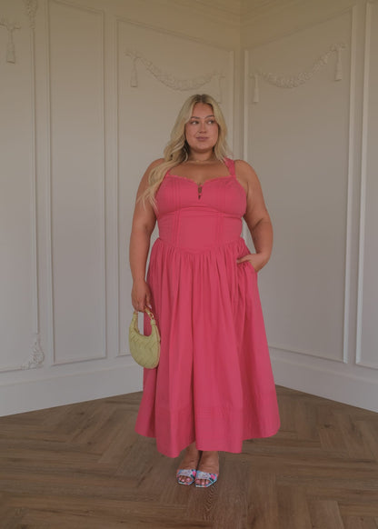 Lottie Basque Waist Midi Dress - Coral