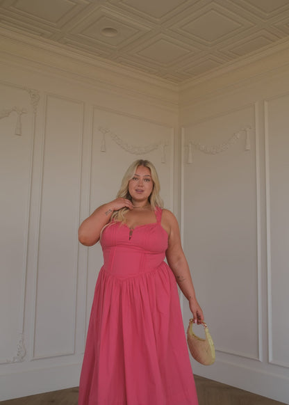 Lottie Basque Waist Midi Dress - Coral