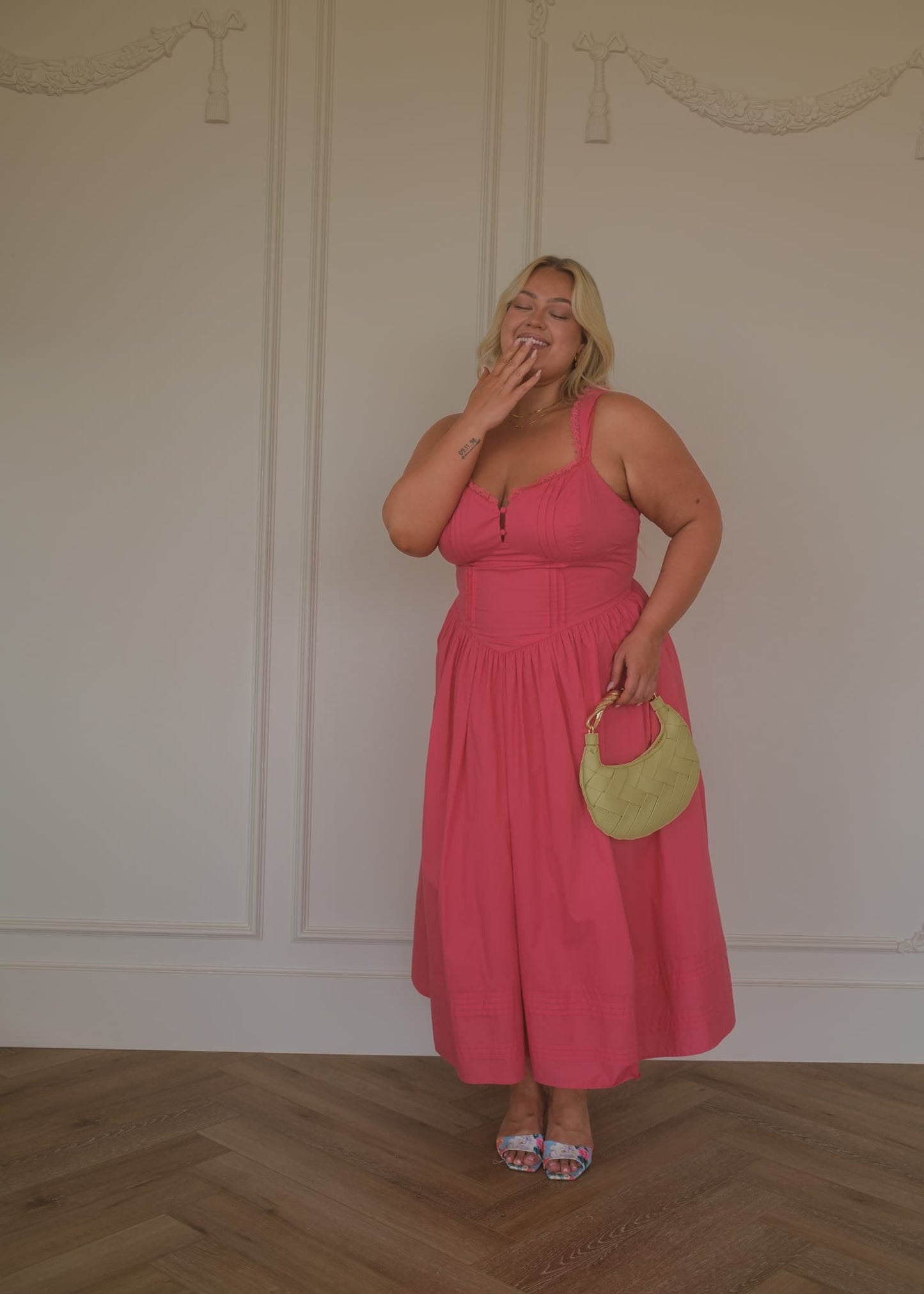 Lottie Basque Waist Midi Dress - Coral