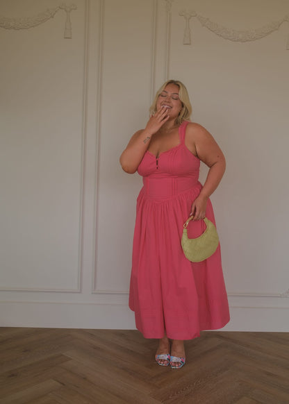 Lottie Basque Waist Midi Dress - Coral